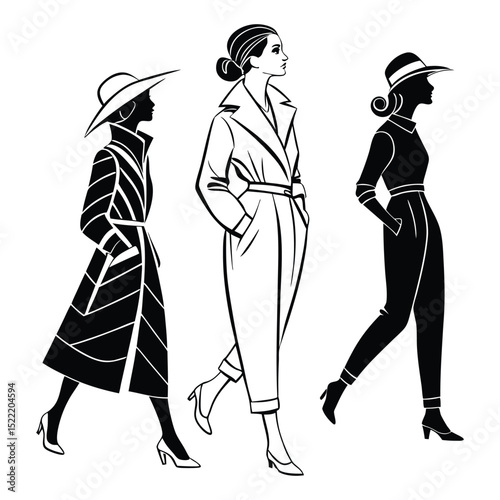 Stylish vector silhouette illustrations of women and couples in fashion sketches