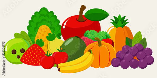 Colorful Cartoon Fruit and Vegetable Still Life Illustration Featuring Apple Banana Grapes Pineapple and Other Healthy Food Items