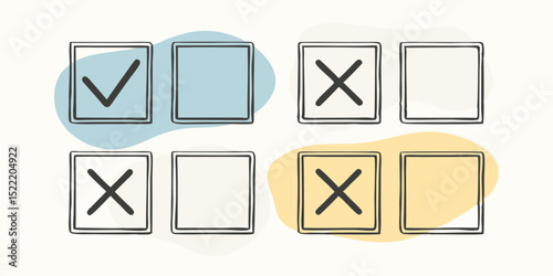 Hand Drawn Check Mark and Cross Mark Boxes with Colorful Backgrounds for Voting and Selection Processes
