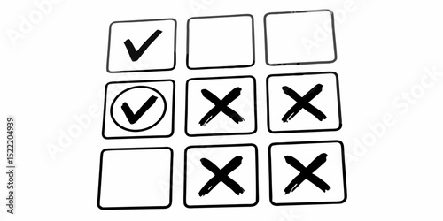 Hand Drawn Tic Tac Toe Game with Check Marks and Crosses on White Background Strategy and Decision Making Concept