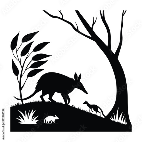 Black vector silhouette illustrations of wild animals including fox, wolf, kangaroo, and deer perfect for nature and wildlife designs
