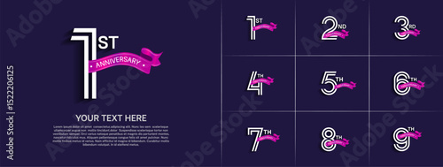 Anniversary logo set with double line number style. white color with purple ribbon can be use for special moment