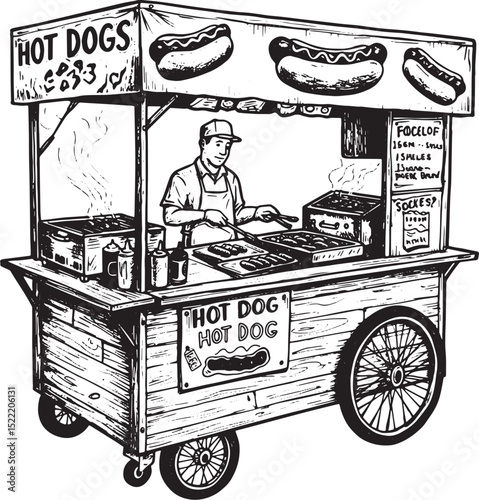 Classic Black and White Woodcut Illustration of a Vintage Hot Do