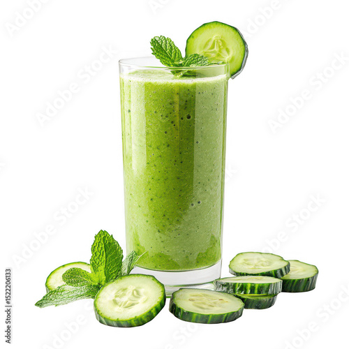 Refreshing cucumber mint smoothie in glass isolated on transparent background