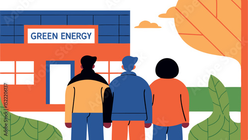 Three individuals standing together, facing a green energy building, surrounded by vibrant foliage, showcasing a commitment to sustainable living and environmental awareness