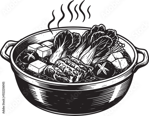 Detailed monochrome drawing of Nabe hotpot with tofu, vegetables