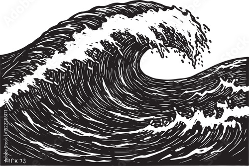 Monochrome Wave Illustration with Woodcut Texture Detailing Spla
