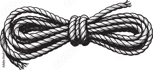Detailed black and white woodcut illustration of a knotted rope