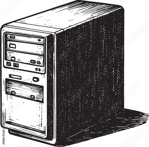 Monochrome Woodcut Illustration of a Vintage Desktop Computer To