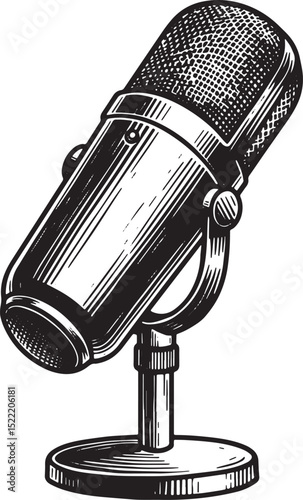 Monochrome Woodcut Drawing of a Vintage Podcast Microphone on Wh