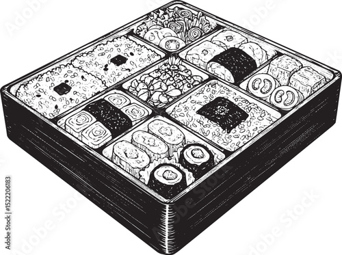 Detailed Woodcut Illustration of a Traditional Japanese Obento B