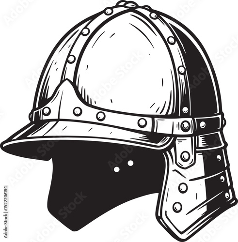 Detailed Woodcut Illustration of a Medieval Steel Helmet on Whit