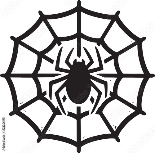 Monochrome woodcut illustration of a spider on a web evoking eer