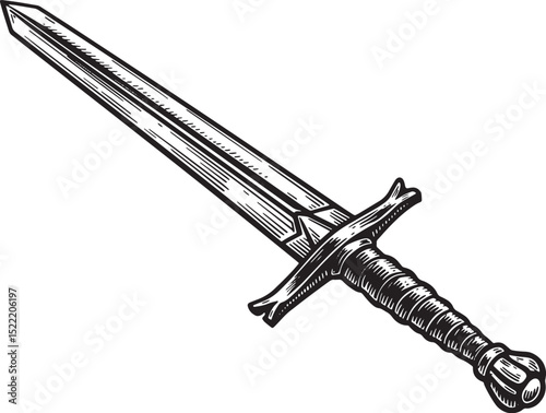 Detailed woodcut illustration of Excalibur sword in black and wh