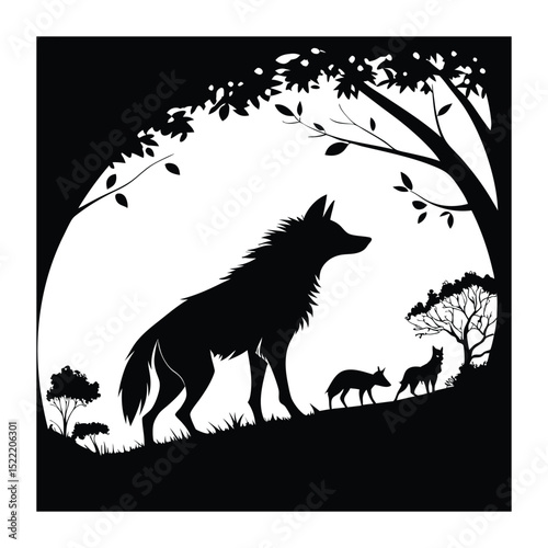 Black and white vector silhouette illustration of a wild wolf howling at the moon against a sunset nature backdrop