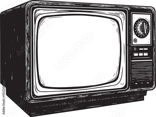 Classic Television Set Depicted in a Vintage-Inspired Woodcut Il