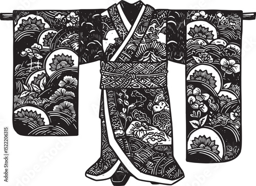 Monochrome Kimono: A Floral and Geometric Japanese Robe Illustra