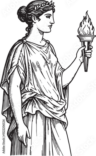 Engraved depiction of woman holding flaming torch against clean