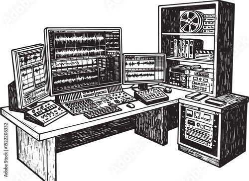 Intricate Woodcut Illustration of a Film Editing Suite with Mult
