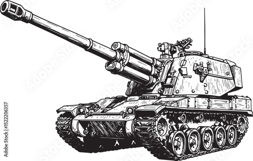 Detailed monochrome illustration of a self-propelled howitzer ar