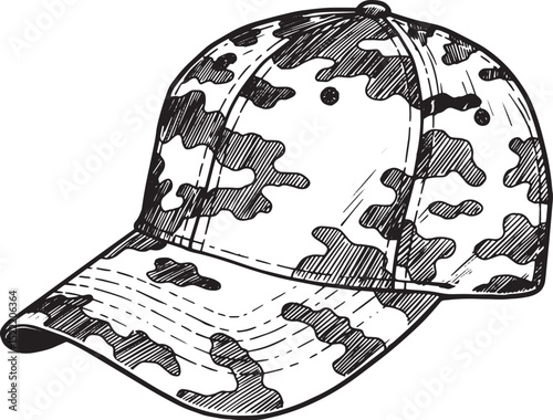 Monochrome camouflage cap meticulously rendered with a woodcut d