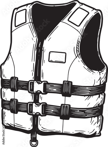 Classic black and white sketch depicting a buoyant life jacket f