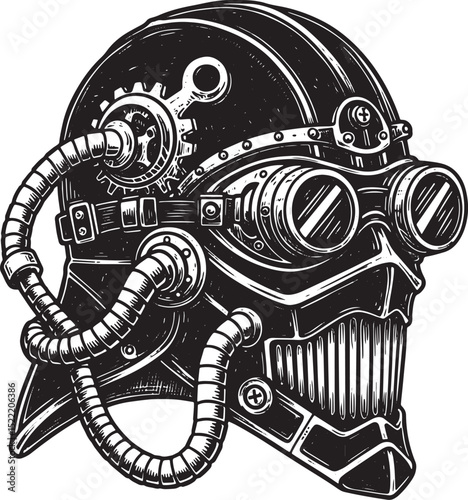 Monochrome woodcut of a steampunk helmet with goggles and intric