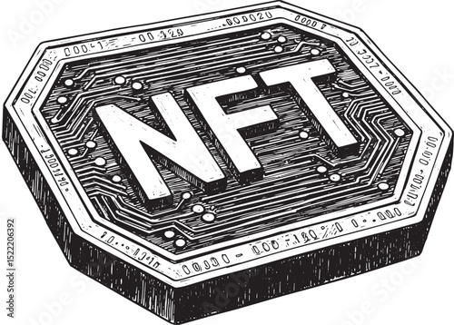 Digital token woodcut illustration, representing non-fungible te