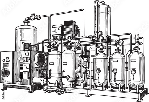 Detailed Woodcut Illustration of a Complex Cryogenic System Desi