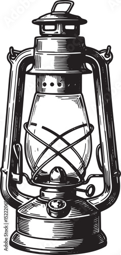 Detailed woodcut illustration of a vintage cowboy lantern in bla