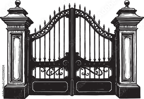 Elaborate black and white woodcut illustration of an ornate gate