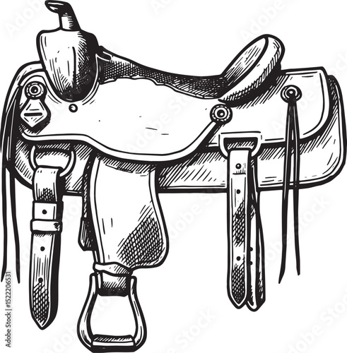 Classic Cowboy Saddle Woodcut Drawing in Black and White Illustr