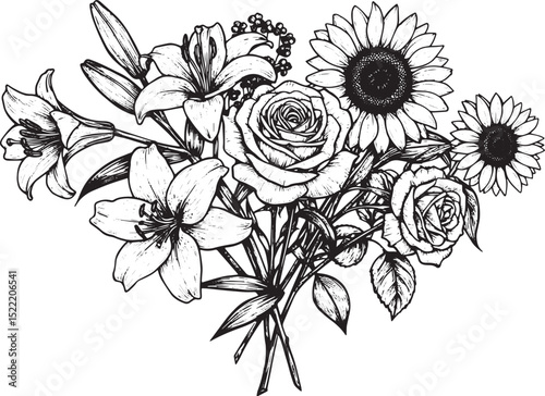 Exquisite Floral Arrangement, A Detailed Woodcut Drawing of Lili