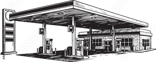 Vintage Black and White Woodcut Style Illustration of a Gas Stat