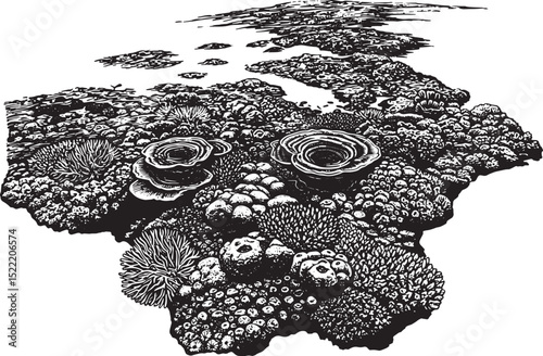 Monochromatic Woodcut Depicting the Biodiversity of the Great Ba