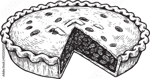 Hand-drawn raisin pie with a slice cut out, vintage black and wh