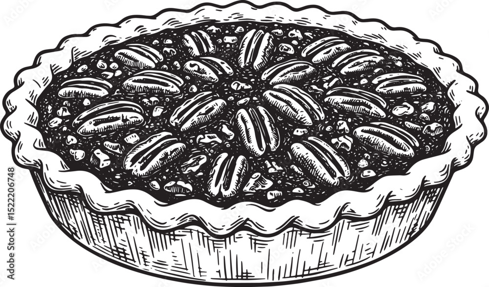 Elegant black and white woodcut illustration of a delicious peca
