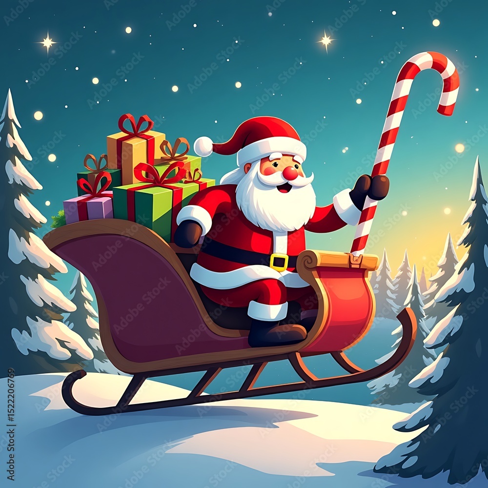 Obraz premium Character Riding Sleigh with Presents in Winter Scene