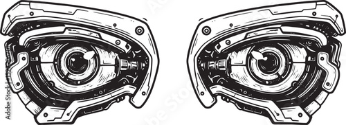 Intricate mechanical eye pair black and white futuristic robotic