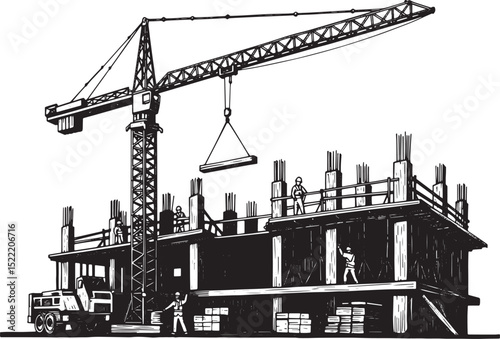 Detailed woodcut illustration showcasing a construction site wit
