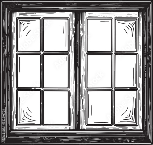 Elegant Woodcut Illustration of a Classic Window with Eight Pane