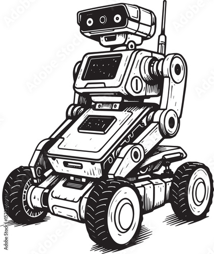 Detailed woodcut drawing of a telepresence robot with advanced t