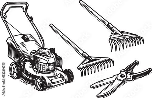Detailed woodcut illustration showcasing lawn care equipment ess