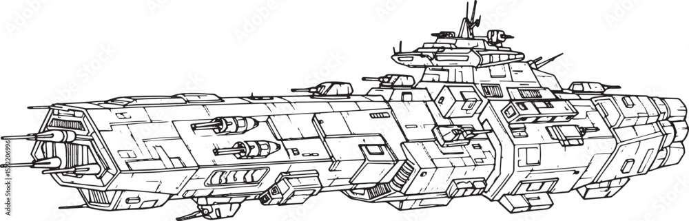 Obraz premium Intricate Woodcut Illustration of a Futuristic Space Frigate Des