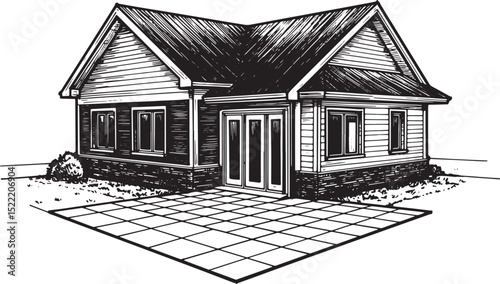 Detailed Black and White Woodcut Illustration of a House with Pa