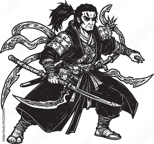 Intricate woodcut illustration of a warrior with stylized blades