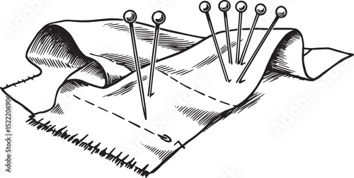 Intricate Woodcut Illustration of Fabric Pinned for Sewing and T