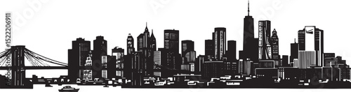 Monochrome woodcut illustration of a famous city skyline, showca