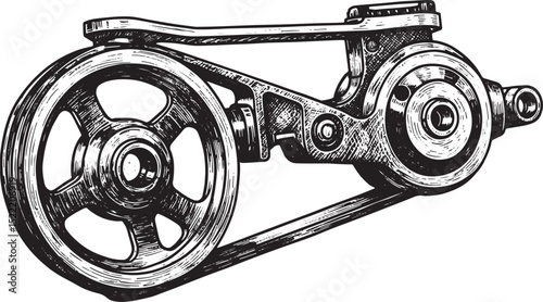 Detailed Woodcut Illustration of a Crank Pulley System in Black