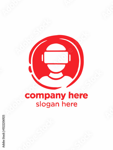 A modern logo with a person wearing a VR headset inside a circular red design, showcasing futuristic technology.